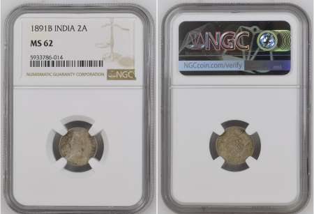 India 1891B, 2 Annas. Graded MS 62 by NGC.