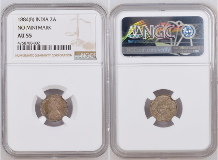 British India 1884(B) 2 Annas, No Mintmark. Graded AU 55 by NGC.