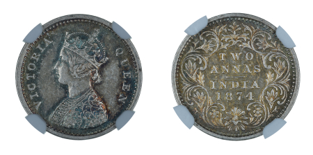 India 1874(B) 2 Annas. Graded MS 62 by NGC.