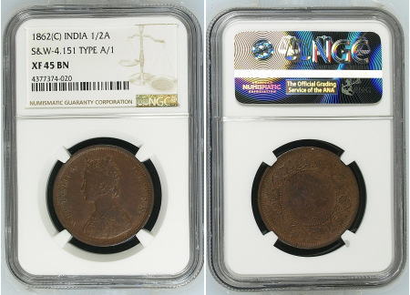 British India 1862(C), 1/2 Annas, Type A/1. Graded XF 45 BN by NGC.