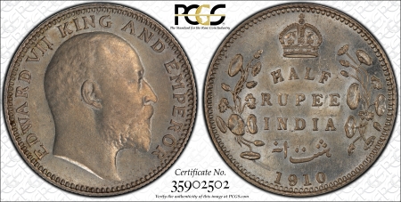 British India 1910(c),  1/2 Rupee. Graded AU 58 by PCGS.