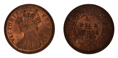 India 1893, 1/2 Pice, in UNC Red brown condition