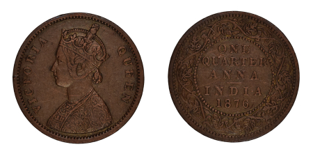 India 1876 B, 1/4 Anna.  Graded  VF-EF Condition