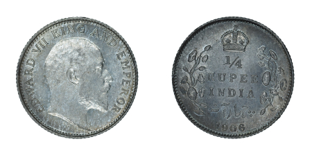 India 1906 C, 1/4 Rupee, in UNC condition