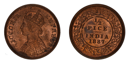 India 1887, 1/2 Pice in UNC red brown condition