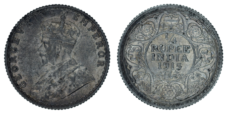 British India 1915 B, 1/4 Rupee.  Graded AU Condition