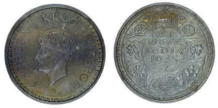 India 1945 B, 1/4 Rupee, Large 5.   Graded AU-UNC