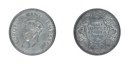British India 1939 B, 1/2 Rupee. Graded AU Condition