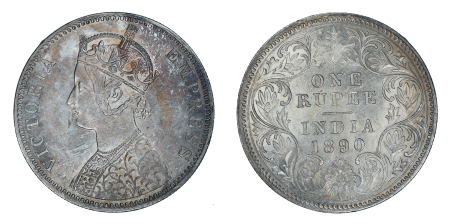 India 1890 C, Rupee, Victoria Empress, in AU+ condition