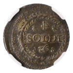 Italy, Corsica, 1765, 4 Soldi (Cu), Corsica. Backwards 4 in the date. Graded AU 53 by NGC.