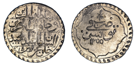 Tunisia, AH 1255, Piastre (Billon), Mahmud II. Graded MS 64  by NGC.