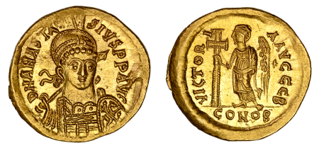 Byzantine Empire Anastasius I, AD 491-518 AV Solidus. Graded Choice MS Strike: 5/5 Surface: 5/5 by NGC.
