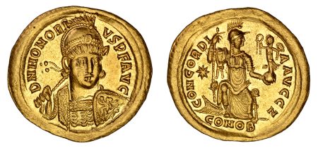 Western Roman Empire Honorius, AD 393-423 AV Solidus. Graded Choice AU Strike: 5/5 Surface: 4/5 by NGC.