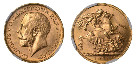 Australia, 1926 P, Sovereign (Au), Scarcer date. Graded MS 61 by NGC.