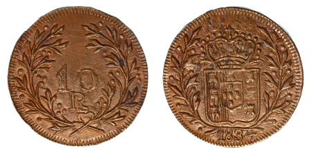  Portuguese India, 1834, 10 Reis Pattern (Cu), Well struck with good details.  Graded MS 62 BN by NGC.