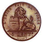 Belgium, 1855, 5 Centimes (Cu), Small 5. Scarce date; smooth brown surfaces graded MS 62 BN by NGC