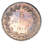 France, 1830 A, 5 Francs (Ag), Louis Philippe I, Fully struck with very smooth surfaces.  Lustrous with areas of champagne to bluish toning.. Graded MS 64  by NGC.