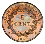 French Colonies, 1839 A, 5 Centimes (Cu), Philippe I. Lustrous. Graded Proof 65 BN by NGC.