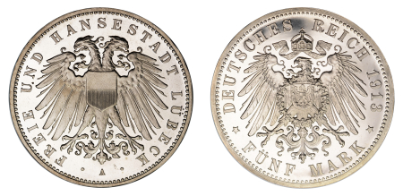 German Reich 1913 A, 5 Marks,  Lübeck.  PF 67+ Cameo - none higher