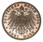  German States, 1909 E, 3 Marks (Ag), Saxony-Albertine. A choice proof example; graded Proof 66 Ultra Cameo by NGC