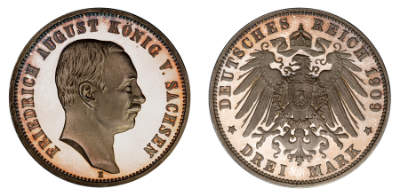  German States, 1909 E, 3 Marks (Ag), Saxony-Albertine. A choice proof example; graded Proof 66 Ultra Cameo by NGC