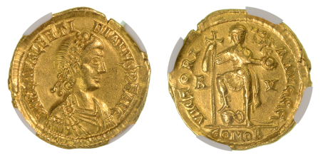 Western Roman Empire Valentinian III,AD425-455 AV Solidus Ravenna (Au). Graded AU Strike: 4/5 Surface: 3/5 by NGC.