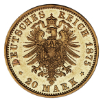  German States, 1875 A, 20 Marks (Au), Braunschweig-Luneberg Herzogtum. Graded MS 61 Proof-like by NGC.