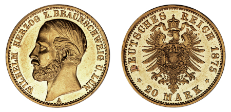  German States, 1875 A, 20 Marks (Au), Braunschweig-Luneberg Herzogtum. Graded MS 61 Proof-like by NGC.