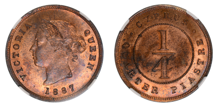 Cyprus, 1887, 1/4 Piastre (Cu), Sharp appearance with smooth and lustrous red/brown surfaces.. Graded MS 64 Red Brown by NGC.