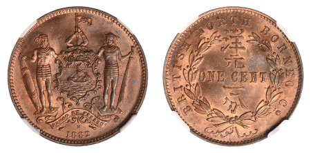 British North Borneo, 1882  H, 1 Cent (Cu), Fully struck with sharp fully defined details, graded MS 65 Red Brown by NGC.