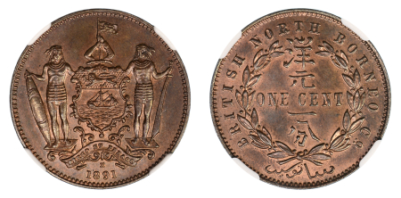 British North Borneo, 1891  H, 1 Cent (Cu), A choice fully struck piece with sharp details all around; Graded MS 66 Brown by