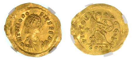 Eastern Roman Empire Theodosius II, AD 402-450 AV Semissis. Graded Choice AU Strike: 5/5 Surface: 2/5 by NGC.