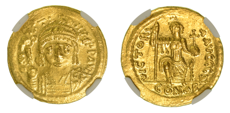Byzantine Empire Justin II, AD 565-578 AV Solidus (Au). Graded MS Strike: 5/5 Surface: 3/5 by NGC.