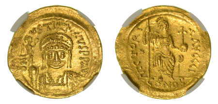 Byzantine Empire Justin II, AD 565-578 AV Solidus. Graded MS Strike: 5/5 Surface: 3/5 by NGC.