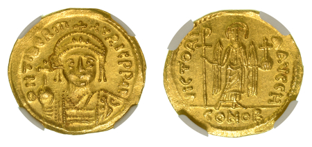 Byzantine Empire MauriceTiberius, AD 582-602 AV Solidus. Graded MS Strike: 4/5 Surface: 4/5 by NGC.