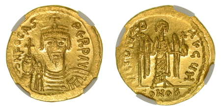 Byzantine Empire Phocas, AD 602-610 AV Solidus (Au). Graded MS Strike: 5/5 Surface: 4/5 by NGC.