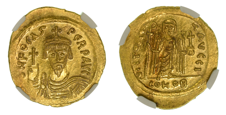 Byzantine Empire Phocas, AD 602-610 AV Solidus (Au). Graded MS Strike: 4/5 Surface: 4/5 by NGC.
