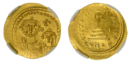 Byzantine Empire Heraclius & Heraclius Constantine AV Solidus (Au)  AD 613-641. Graded MS Strike: 4/5 Surface: 4/5 by NGC.
