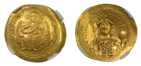 Byzantine Empire Constantine IX,AD 1042-55 AV Histamenon Nomisma (Au). Graded AU Strike: 5/5 Surface: 4/5 by NGC.