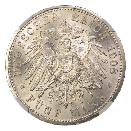 Germany, Saxe-Weimar-Eisenach, 1908  A, 5 Marks (Ag), Saxe-Weimar-Eisenach. Graded MS 66 by NGC.