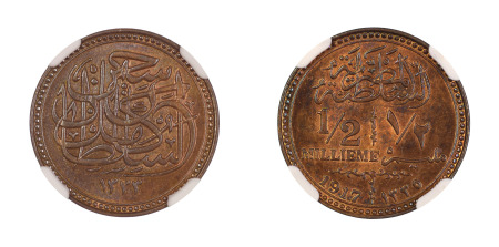 Egypt AH 1335 / 1917 (Cu) 1/2 Millieme, Occupation Coinage (KM 312)  graded MS 65 Brown by NGC