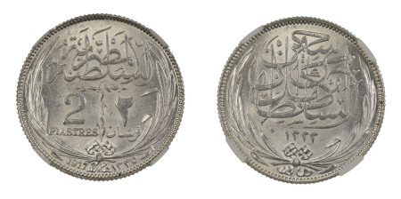 Egypt AH1335/1917H, 2 Piastres. Occupation Coinage. Graded MS 65 by NGC. 
