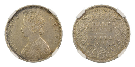 India, British 1875(C), 1/2 Rupee. Graded XF 45 by NGC. 