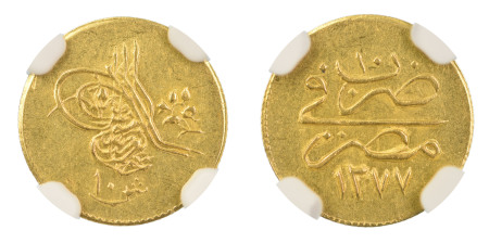 Egypt AH1277//10, 10 Qirsh Gold. Graded MS 61 by NGC. 