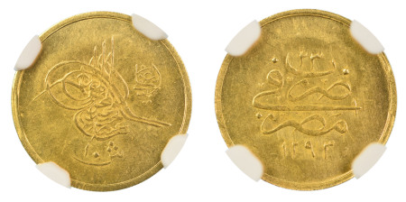 Egypt AH1293//23, 10 Qirsh Gold. Graded MS 63 by NGC. 