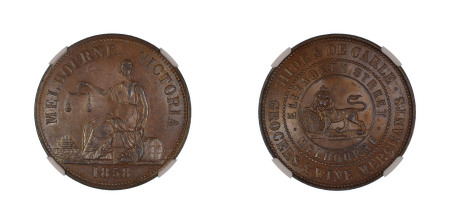 Australia 1858, Penny Token. Hide & De Carle Melbourne. Graded MS 63 Brown by NGC. - the highest graded.