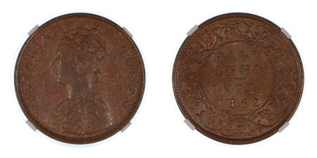 India, British 1862(B), 1/2A. Graded AU 55 Brown by NGC. 