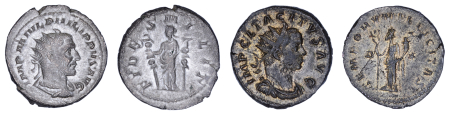 Rome, 2 coin lot, (2) Antoninianus 244-249 AD & 275-276 AD; both in about F condition