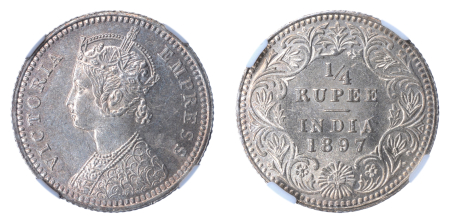 British India 1897C,  1/4 Rupee. Graded MS 63 by NGC.