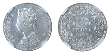 British India 1897B, 2 Anna. Graded MS 65 by NGC.